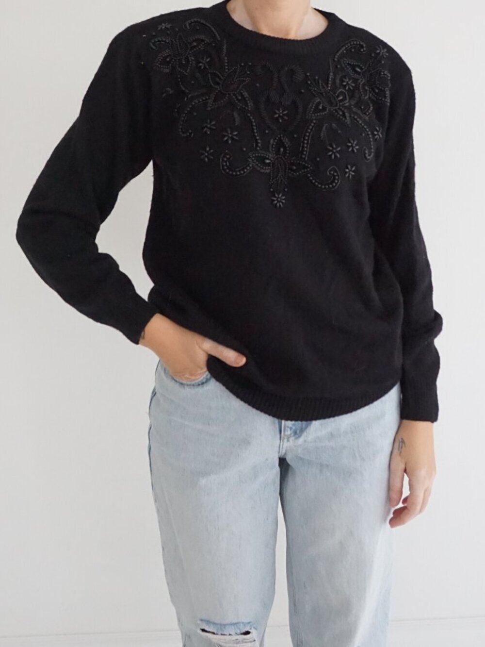 Vintage Alfred Dunner Black Beaded Floral Knit Boho Preppy Sweater S